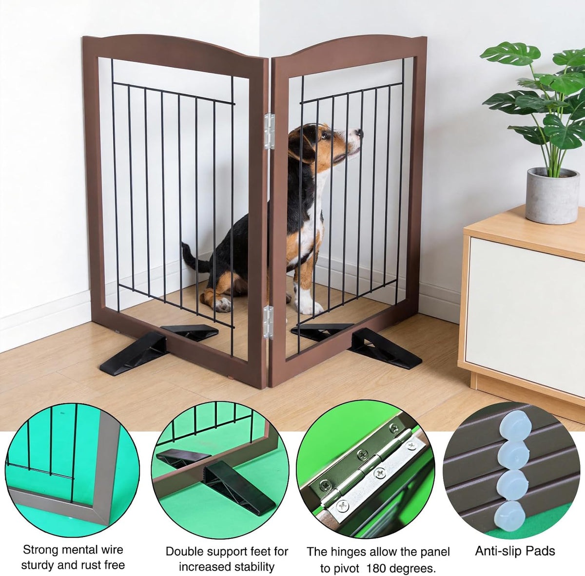 Freestanding Dog Fence Indoor, Foldable Dog Gate for Doorways, Stairs or Hallways, Sturdy Wood Extra Wide Pet Gate with Support Feet for The House, White, 24 "Height-3 Panels