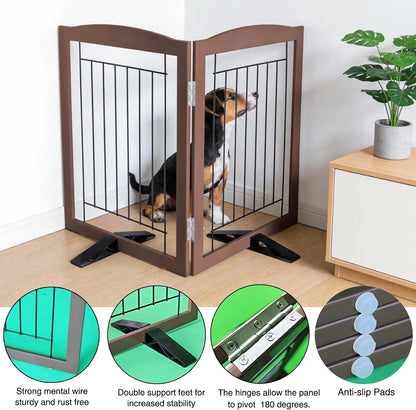Freestanding Dog Fence Indoor, Foldable Dog Gate for Doorways, Stairs or Hallways, Sturdy Wood Extra Wide Pet Gate with Support Feet for The House, White, 24 "Height-3 Panels
