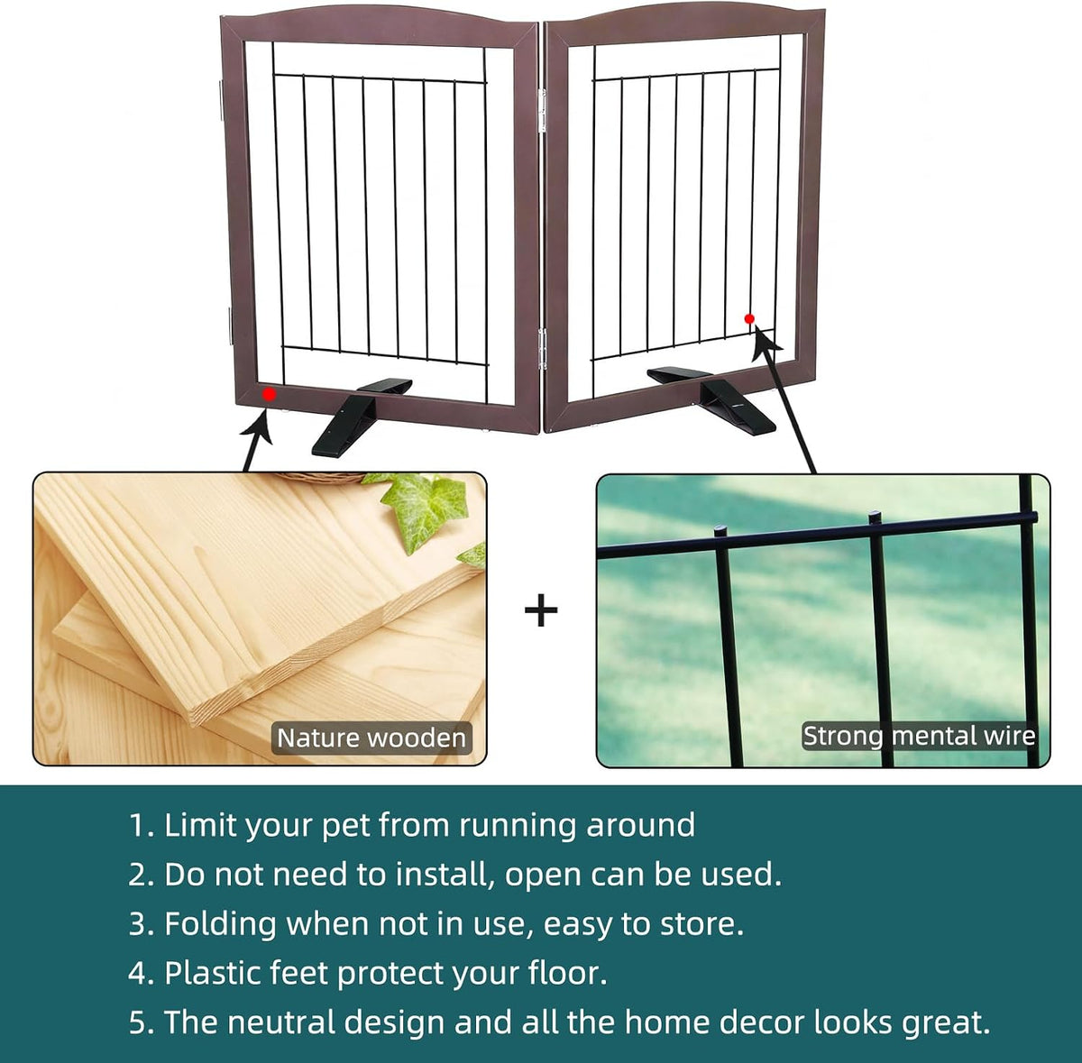 Freestanding Dog Fence Indoor, Foldable Dog Gate for Doorways, Stairs or Hallways, Sturdy Wood Extra Wide Pet Gate with Support Feet for The House, White, 24 "Height-3 Panels
