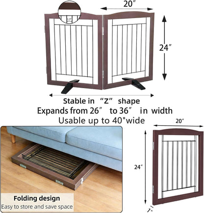 Freestanding Dog Fence Indoor, Foldable Dog Gate for Doorways, Stairs or Hallways, Sturdy Wood Extra Wide Pet Gate with Support Feet for The House, White, 24 "Height-3 Panels