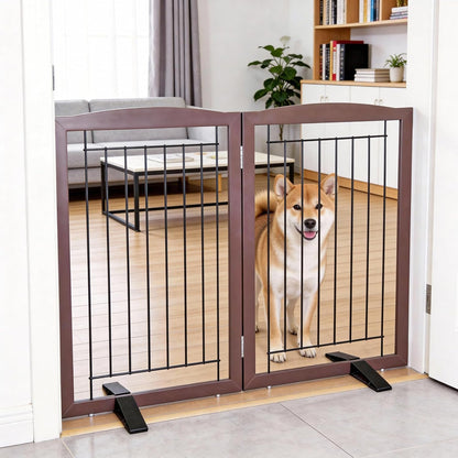 Freestanding Dog Fence Indoor, Foldable Dog Gate for Doorways, Stairs or Hallways, Sturdy Wood Extra Wide Pet Gate with Support Feet for The House, White, 24 "Height-3 Panels