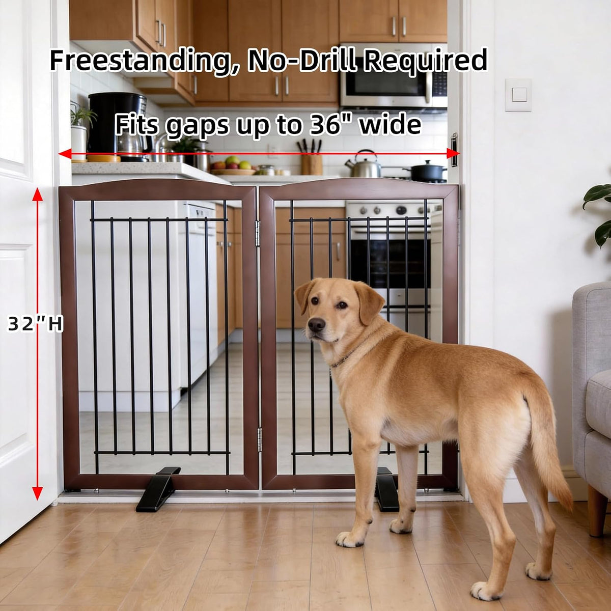 Freestanding Dog Fence Indoor, Foldable Dog Gate for Doorways, Stairs or Hallways, Sturdy Wood Extra Wide Pet Gate with Support Feet for The House, White, 24 "Height-3 Panels