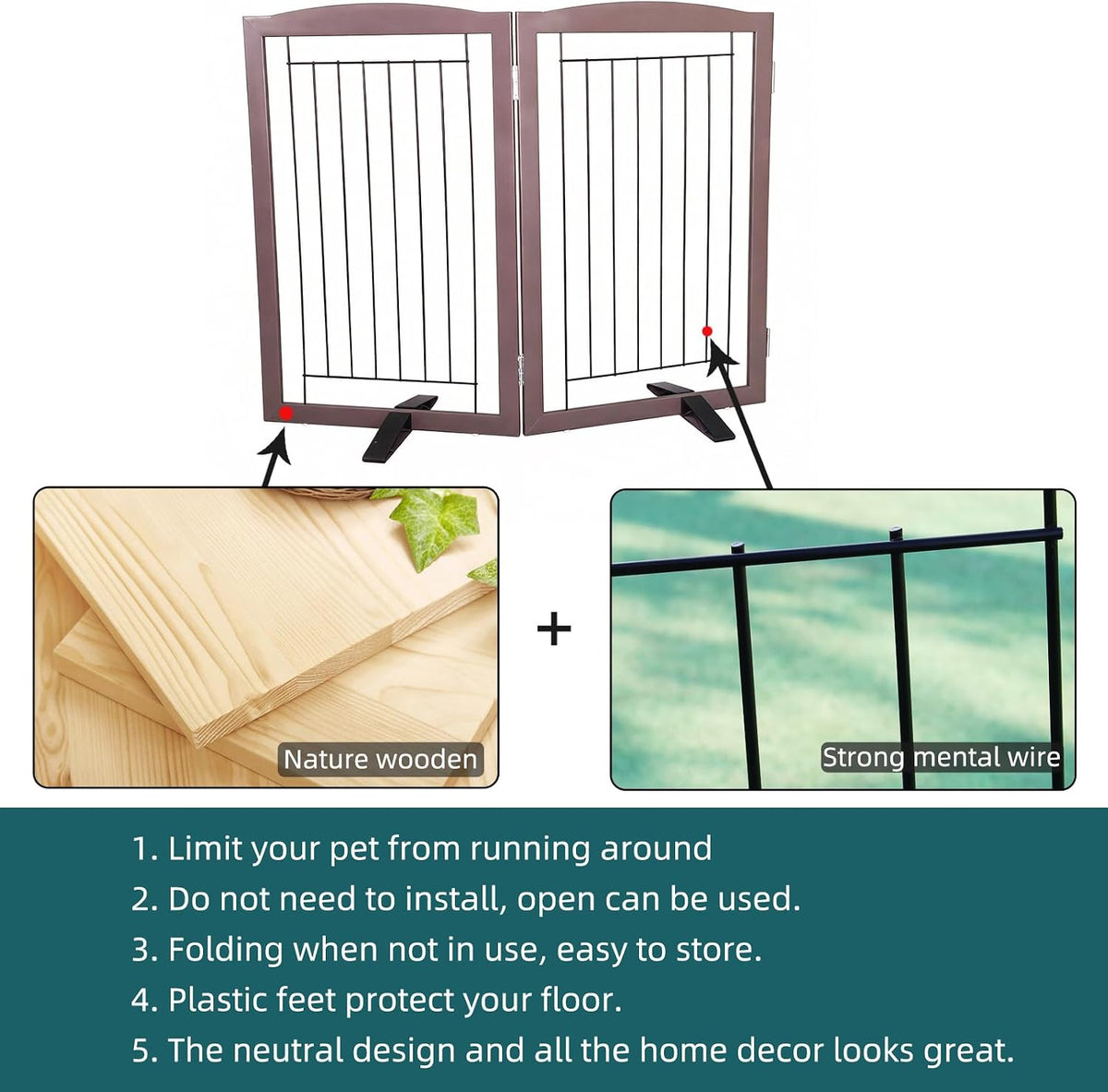 Freestanding Dog Fence Indoor, Foldable Dog Gate for Doorways, Stairs or Hallways, Sturdy Wood Extra Wide Pet Gate with Support Feet for The House, White, 24 "Height-3 Panels