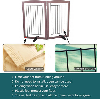 Freestanding Dog Fence Indoor, Foldable Dog Gate for Doorways, Stairs or Hallways, Sturdy Wood Extra Wide Pet Gate with Support Feet for The House, White, 24 "Height-3 Panels