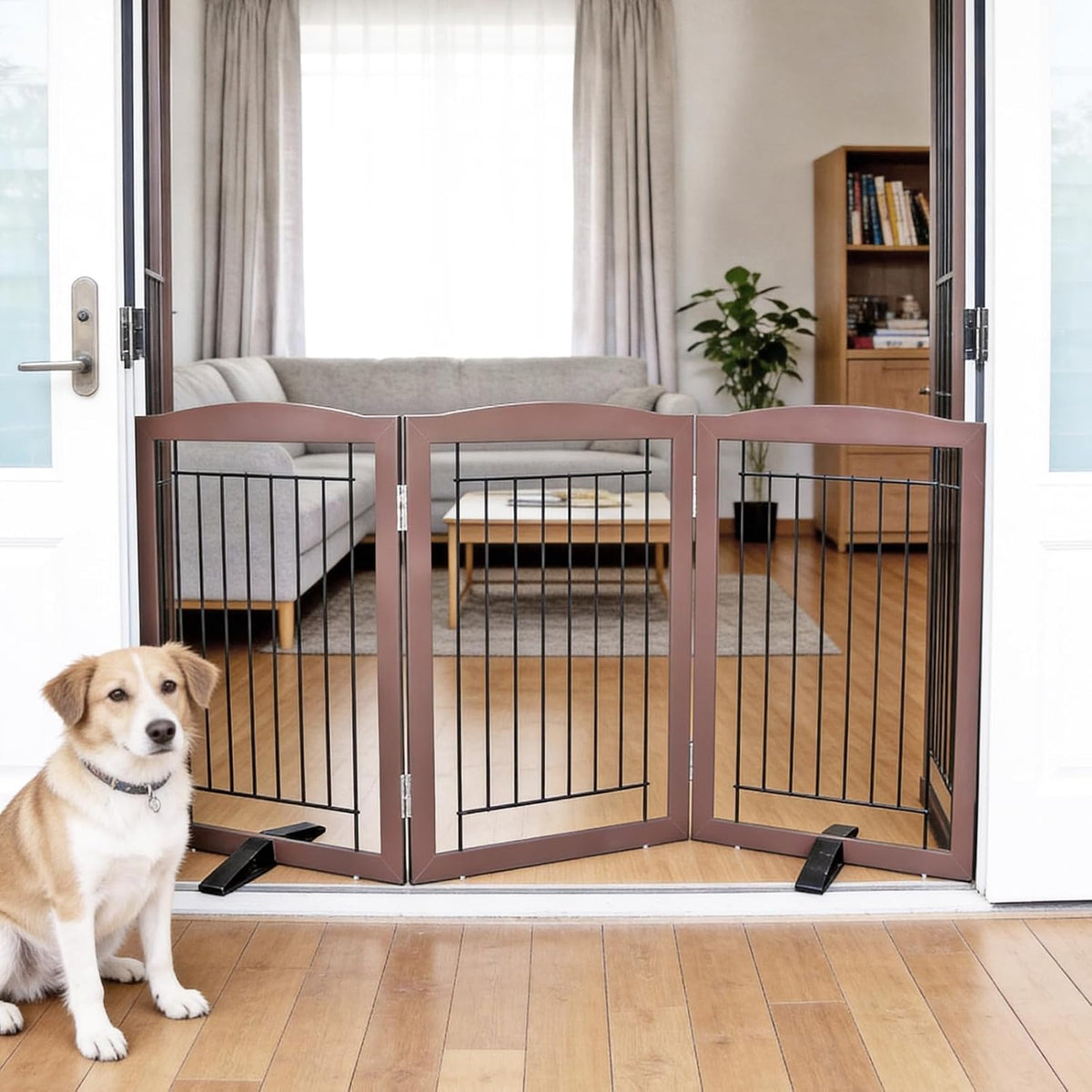 Freestanding Dog Fence Indoor, Foldable Dog Gate for Doorways, Stairs or Hallways, Sturdy Wood Extra Wide Pet Gate with Support Feet for The House, White, 24 "Height-3 Panels