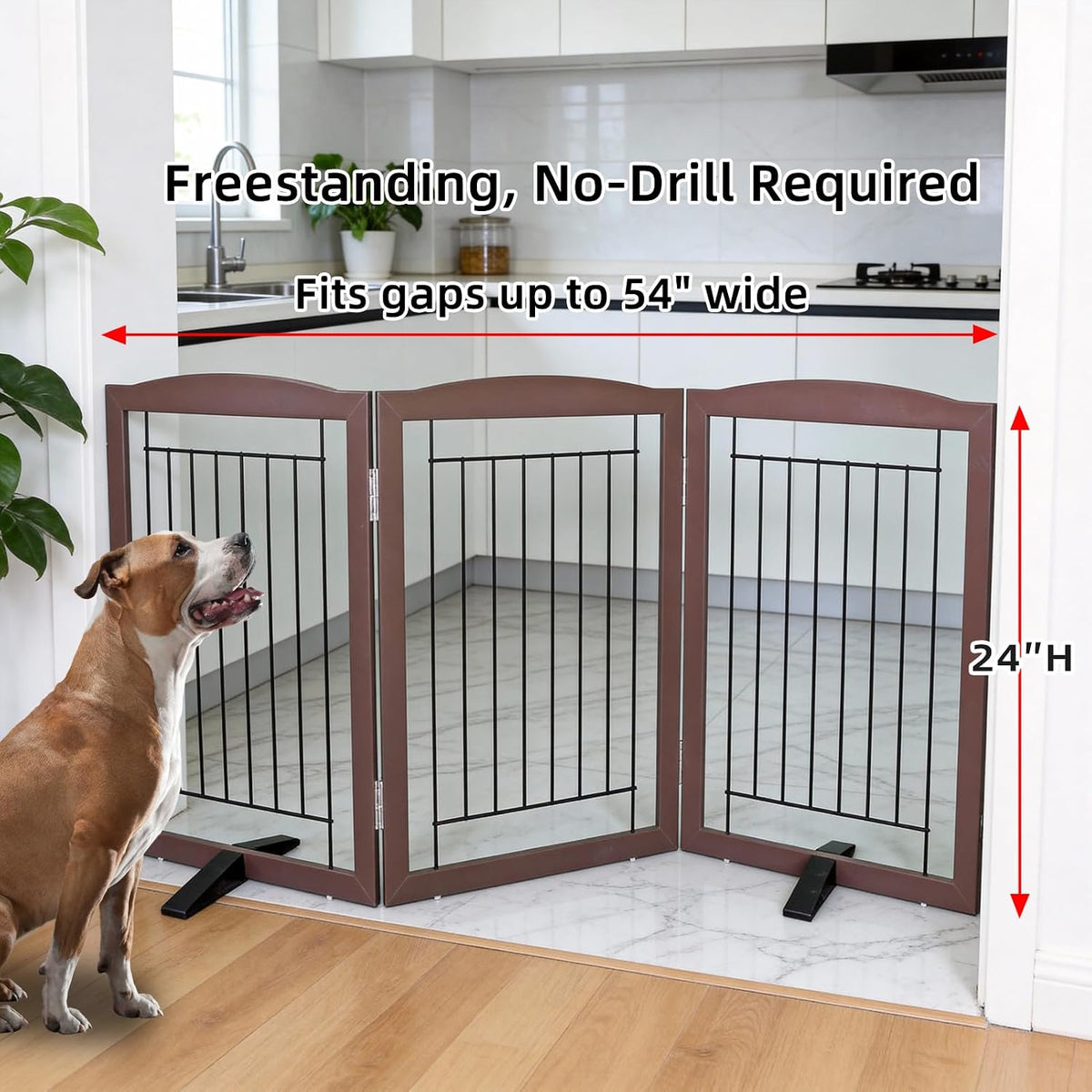 Freestanding Dog Fence Indoor, Foldable Dog Gate for Doorways, Stairs or Hallways, Sturdy Wood Extra Wide Pet Gate with Support Feet for The House, White, 24 "Height-3 Panels