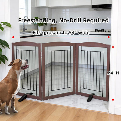 Freestanding Dog Fence Indoor, Foldable Dog Gate for Doorways, Stairs or Hallways, Sturdy Wood Extra Wide Pet Gate with Support Feet for The House, White, 24 "Height-3 Panels