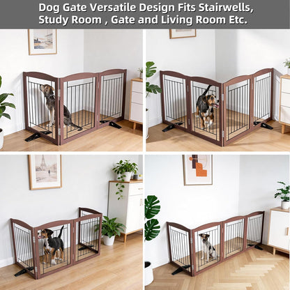 Freestanding Dog Fence Indoor, Foldable Dog Gate for Doorways, Stairs or Hallways, Sturdy Wood Extra Wide Pet Gate with Support Feet for The House, White, 24 "Height-3 Panels