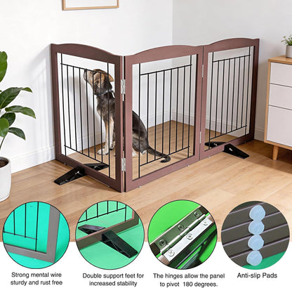 Freestanding Dog Fence Indoor, Foldable Dog Gate for Doorways, Stairs or Hallways, Sturdy Wood Extra Wide Pet Gate with Support Feet for The House, White, 24 "Height-3 Panels