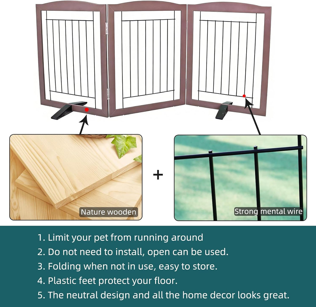 Freestanding Dog Fence Indoor, Foldable Dog Gate for Doorways, Stairs or Hallways, Sturdy Wood Extra Wide Pet Gate with Support Feet for The House, White, 24 "Height-3 Panels