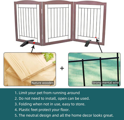 Freestanding Dog Fence Indoor, Foldable Dog Gate for Doorways, Stairs or Hallways, Sturdy Wood Extra Wide Pet Gate with Support Feet for The House, White, 24 "Height-3 Panels