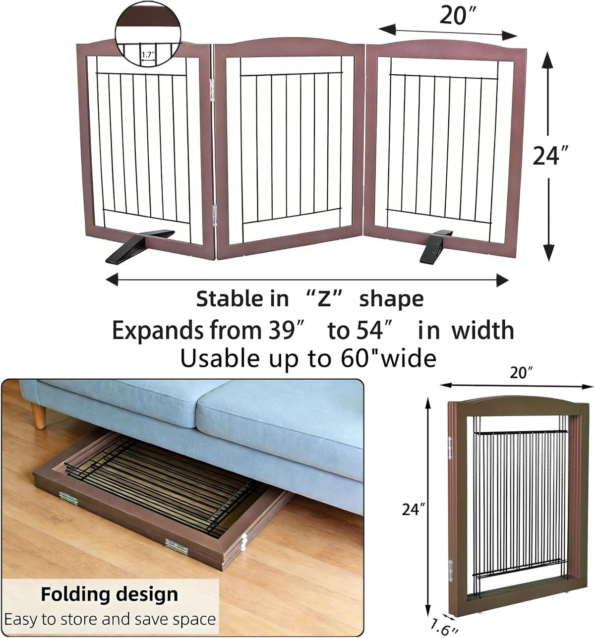 Freestanding Dog Fence Indoor, Foldable Dog Gate for Doorways, Stairs or Hallways, Sturdy Wood Extra Wide Pet Gate with Support Feet for The House, White, 24 "Height-3 Panels