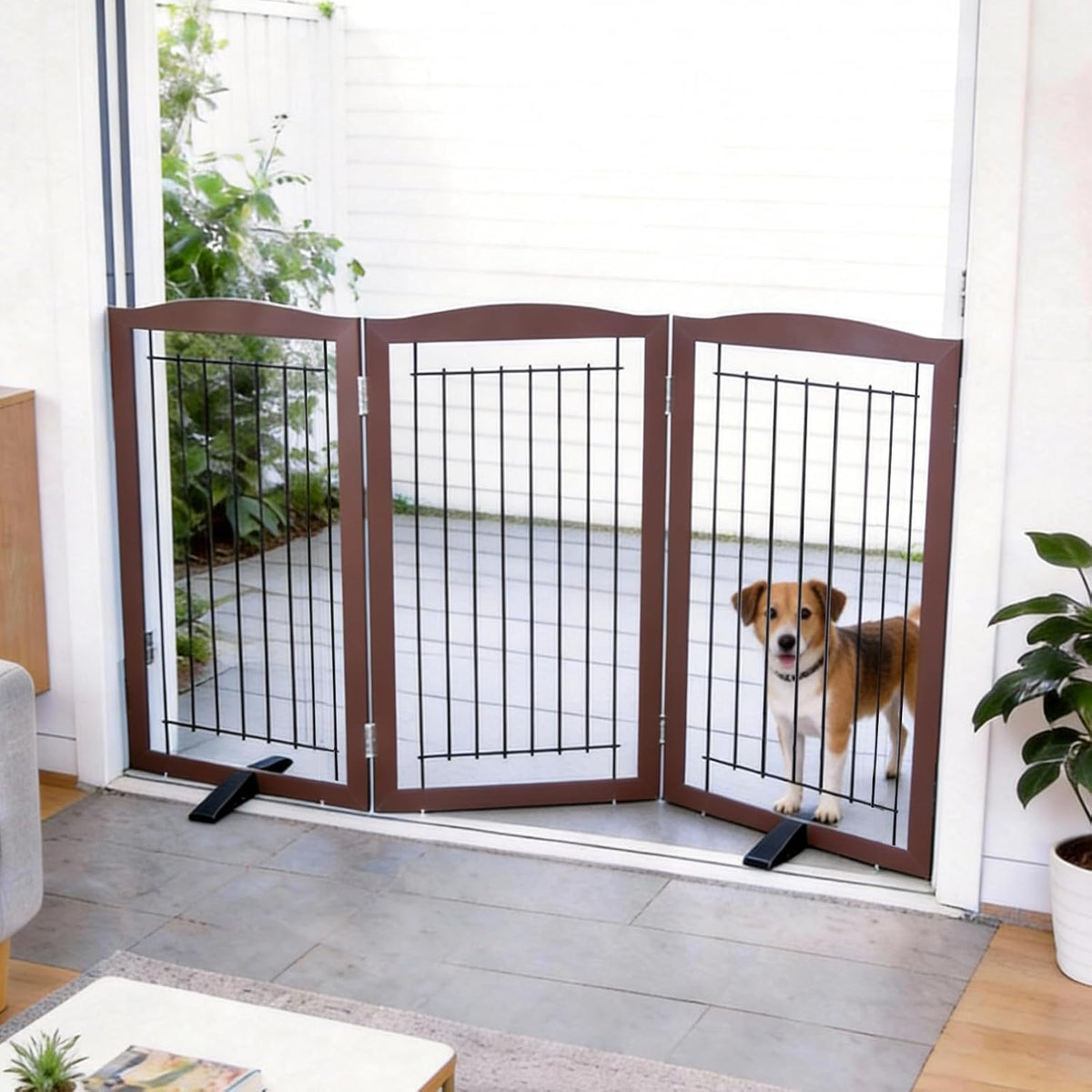 Freestanding Dog Fence Indoor, Foldable Dog Gate for Doorways, Stairs or Hallways, Sturdy Wood Extra Wide Pet Gate with Support Feet for The House, White, 24 "Height-3 Panels