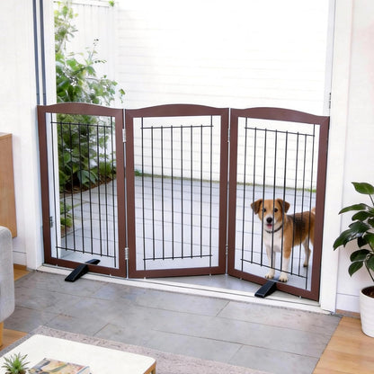 Freestanding Dog Fence Indoor, Foldable Dog Gate for Doorways, Stairs or Hallways, Sturdy Wood Extra Wide Pet Gate with Support Feet for The House, White, 24 "Height-3 Panels