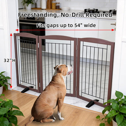Freestanding Dog Fence Indoor, Foldable Dog Gate for Doorways, Stairs or Hallways, Sturdy Wood Extra Wide Pet Gate with Support Feet for The House, White, 24 "Height-3 Panels