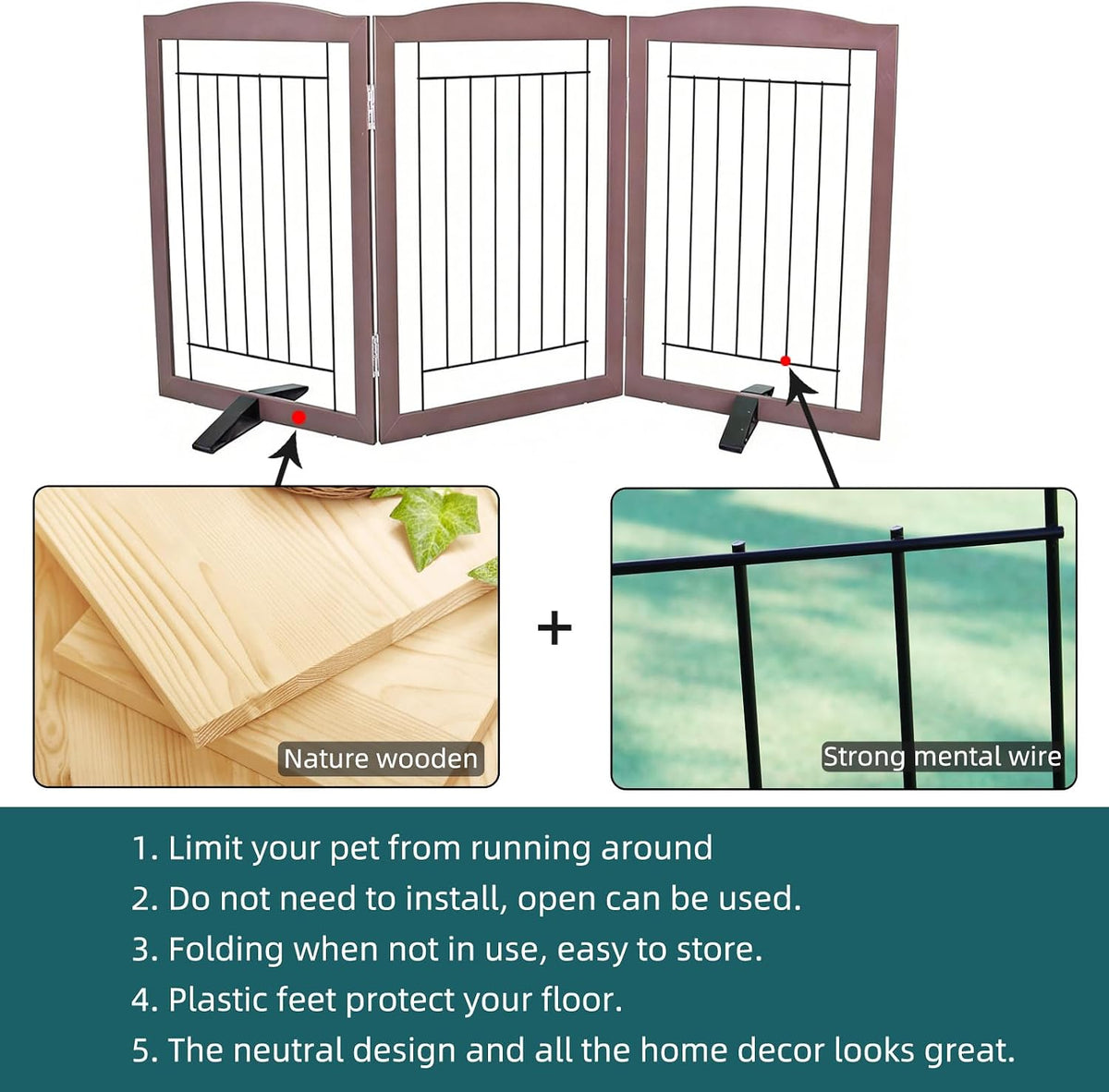Freestanding Dog Fence Indoor, Foldable Dog Gate for Doorways, Stairs or Hallways, Sturdy Wood Extra Wide Pet Gate with Support Feet for The House, White, 24 "Height-3 Panels