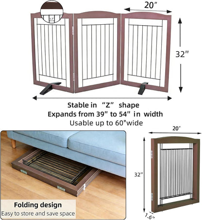 Freestanding Dog Fence Indoor, Foldable Dog Gate for Doorways, Stairs or Hallways, Sturdy Wood Extra Wide Pet Gate with Support Feet for The House, White, 24 "Height-3 Panels
