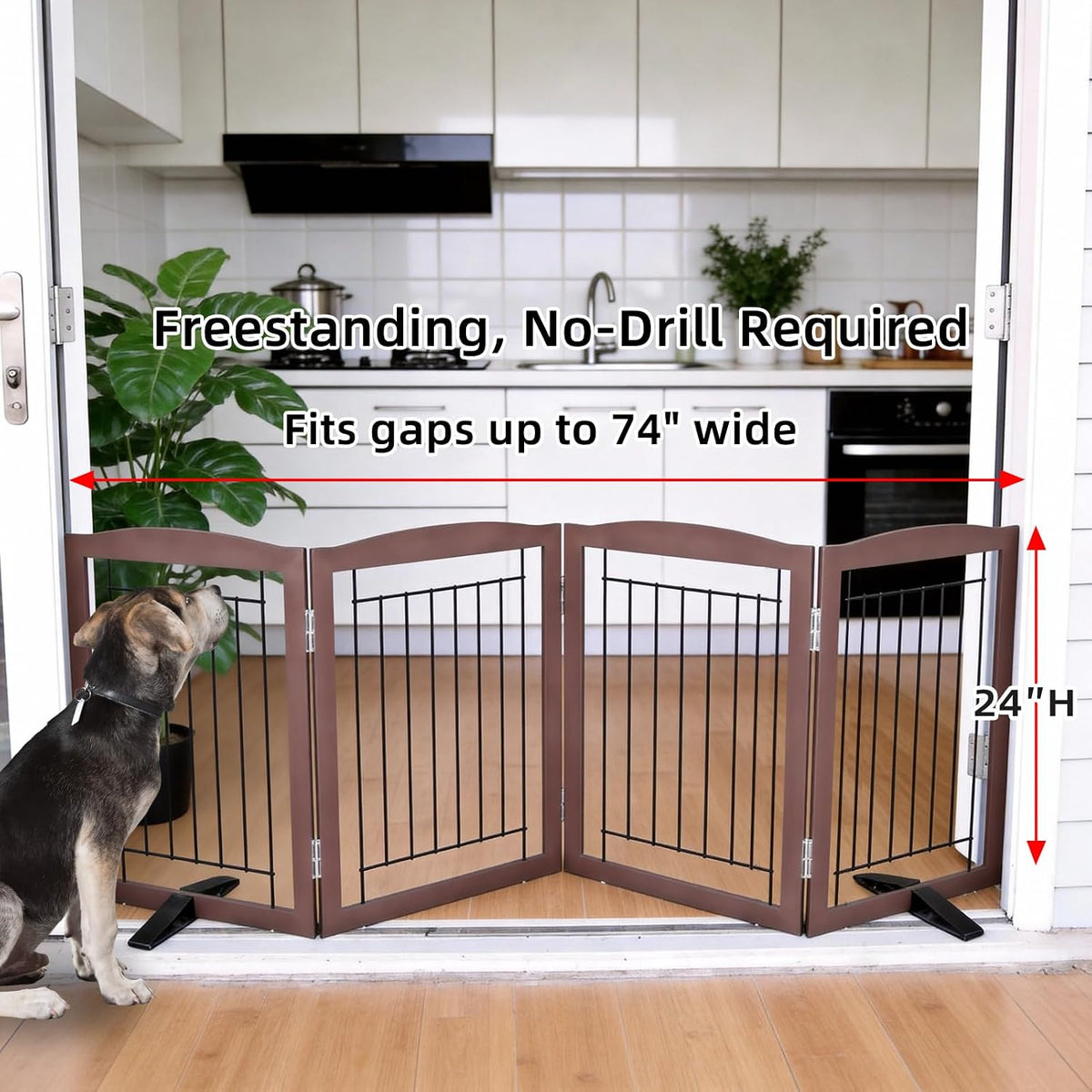 Freestanding Dog Fence Indoor, Foldable Dog Gate for Doorways, Stairs or Hallways, Sturdy Wood Extra Wide Pet Gate with Support Feet for The House, White, 24 "Height-3 Panels