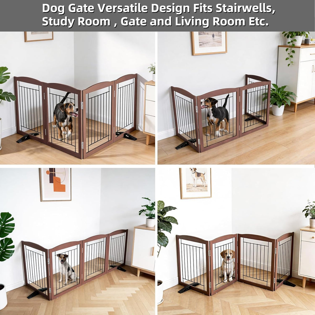 Freestanding Dog Fence Indoor, Foldable Dog Gate for Doorways, Stairs or Hallways, Sturdy Wood Extra Wide Pet Gate with Support Feet for The House, White, 24 "Height-3 Panels