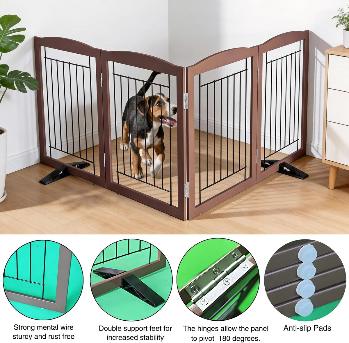 Freestanding Dog Fence Indoor, Foldable Dog Gate for Doorways, Stairs or Hallways, Sturdy Wood Extra Wide Pet Gate with Support Feet for The House, White, 24 "Height-3 Panels