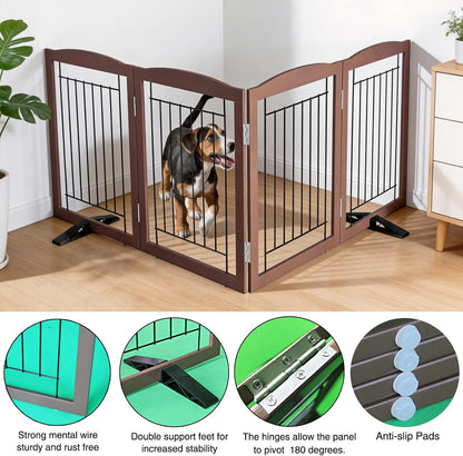 Freestanding Dog Fence Indoor, Foldable Dog Gate for Doorways, Stairs or Hallways, Sturdy Wood Extra Wide Pet Gate with Support Feet for The House, White, 24 "Height-3 Panels