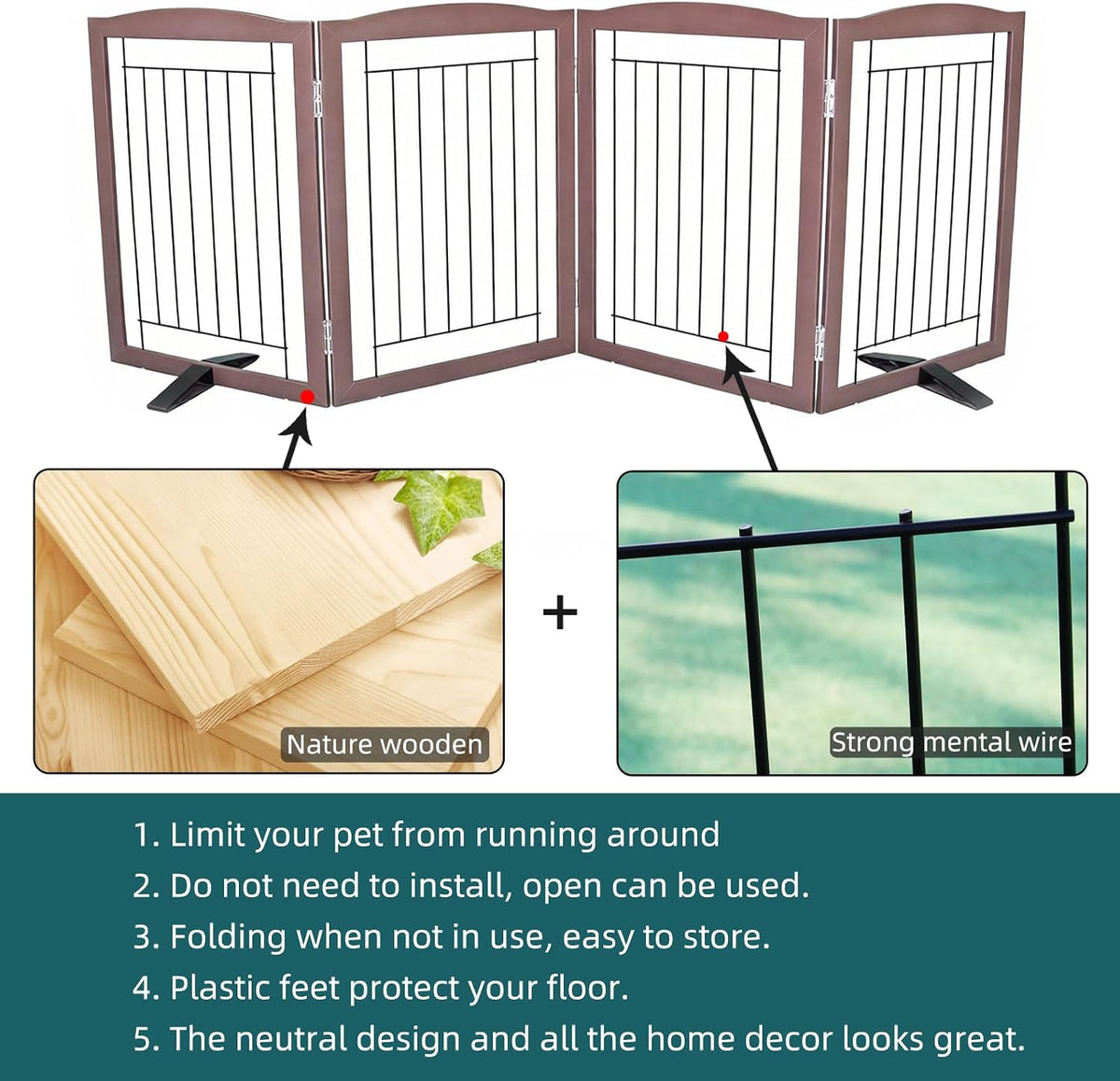 Freestanding Dog Fence Indoor, Foldable Dog Gate for Doorways, Stairs or Hallways, Sturdy Wood Extra Wide Pet Gate with Support Feet for The House, White, 24 "Height-3 Panels