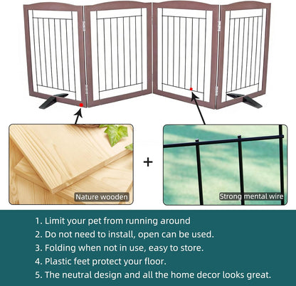 Freestanding Dog Fence Indoor, Foldable Dog Gate for Doorways, Stairs or Hallways, Sturdy Wood Extra Wide Pet Gate with Support Feet for The House, White, 24 "Height-3 Panels