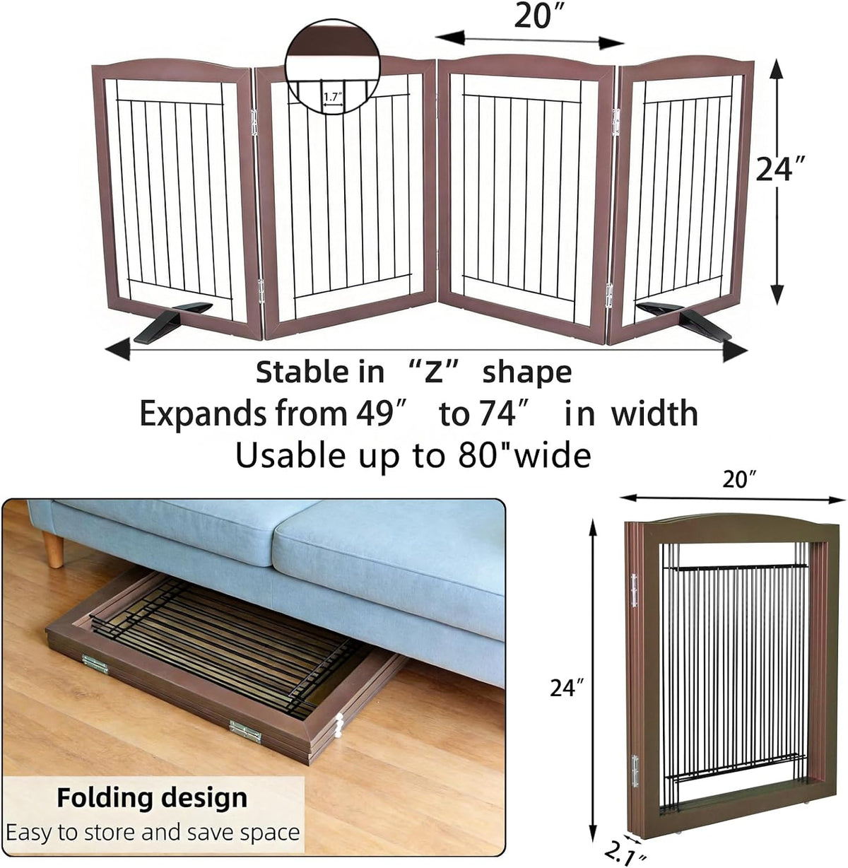 Freestanding Dog Fence Indoor, Foldable Dog Gate for Doorways, Stairs or Hallways, Sturdy Wood Extra Wide Pet Gate with Support Feet for The House, White, 24 "Height-3 Panels
