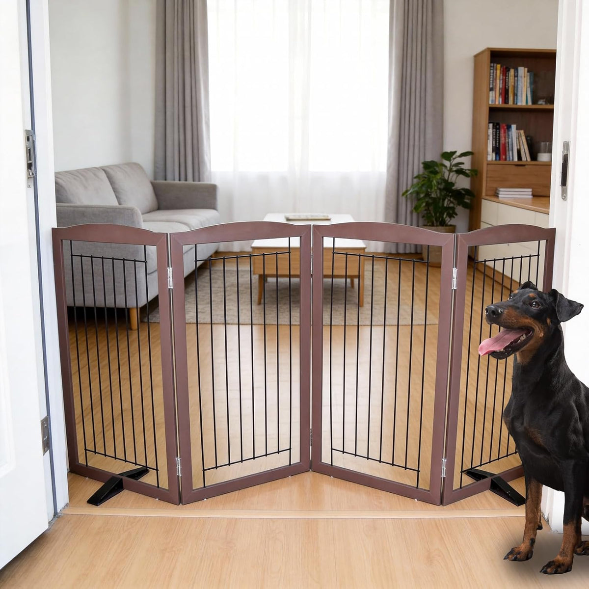 Freestanding Dog Fence Indoor, Foldable Dog Gate for Doorways, Stairs or Hallways, Sturdy Wood Extra Wide Pet Gate with Support Feet for The House, White, 24 "Height-3 Panels