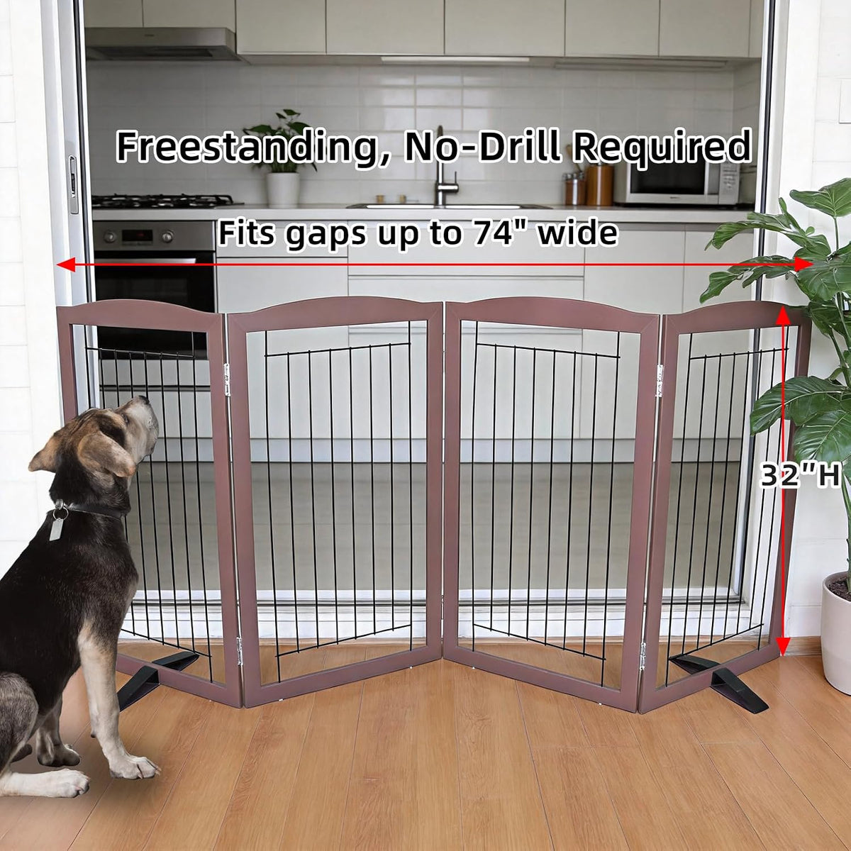 Freestanding Dog Fence Indoor, Foldable Dog Gate for Doorways, Stairs or Hallways, Sturdy Wood Extra Wide Pet Gate with Support Feet for The House, White, 24 "Height-3 Panels