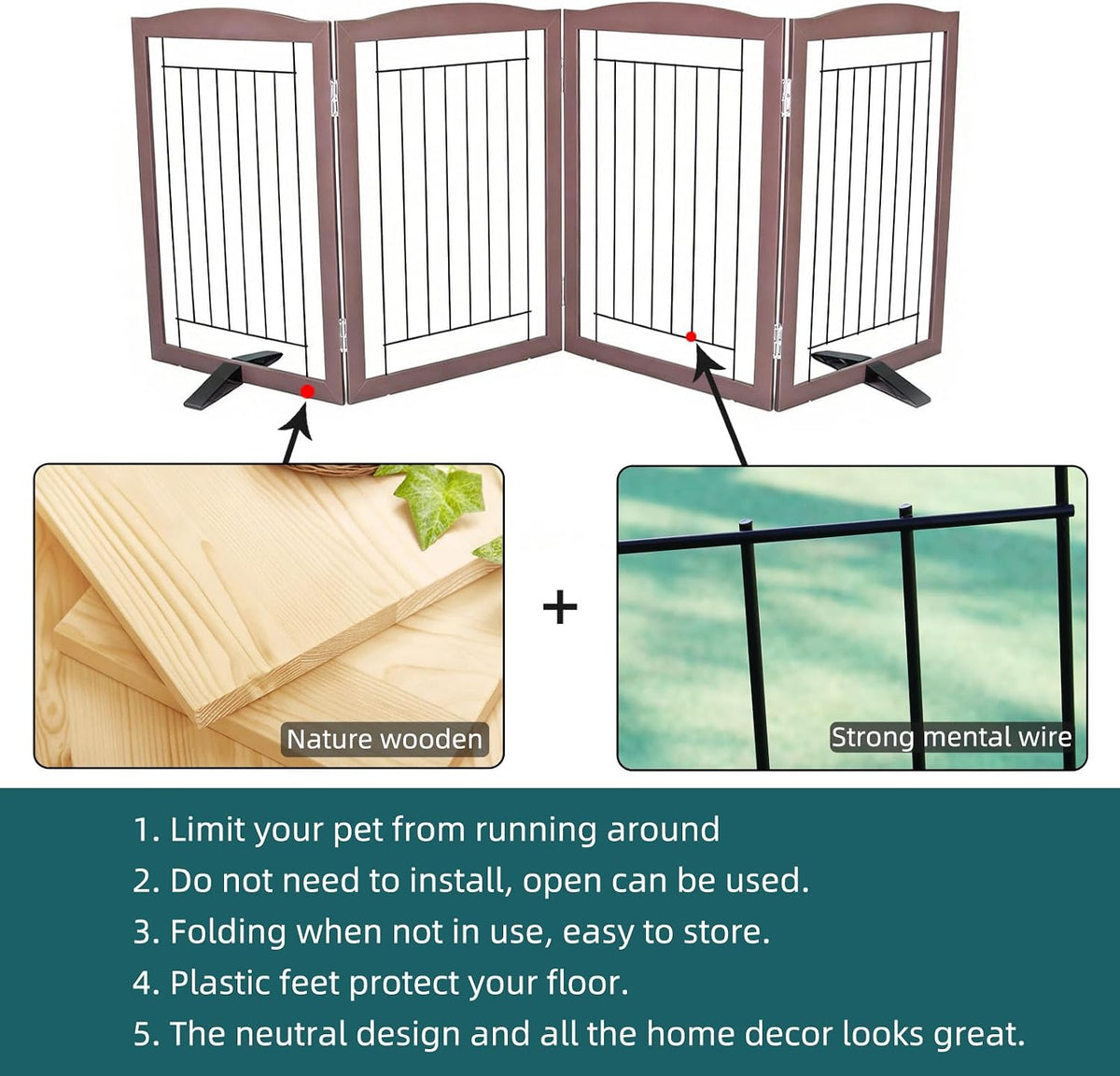 Freestanding Dog Fence Indoor, Foldable Dog Gate for Doorways, Stairs or Hallways, Sturdy Wood Extra Wide Pet Gate with Support Feet for The House, White, 24 "Height-3 Panels