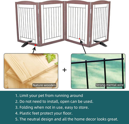 Freestanding Dog Fence Indoor, Foldable Dog Gate for Doorways, Stairs or Hallways, Sturdy Wood Extra Wide Pet Gate with Support Feet for The House, White, 24 "Height-3 Panels