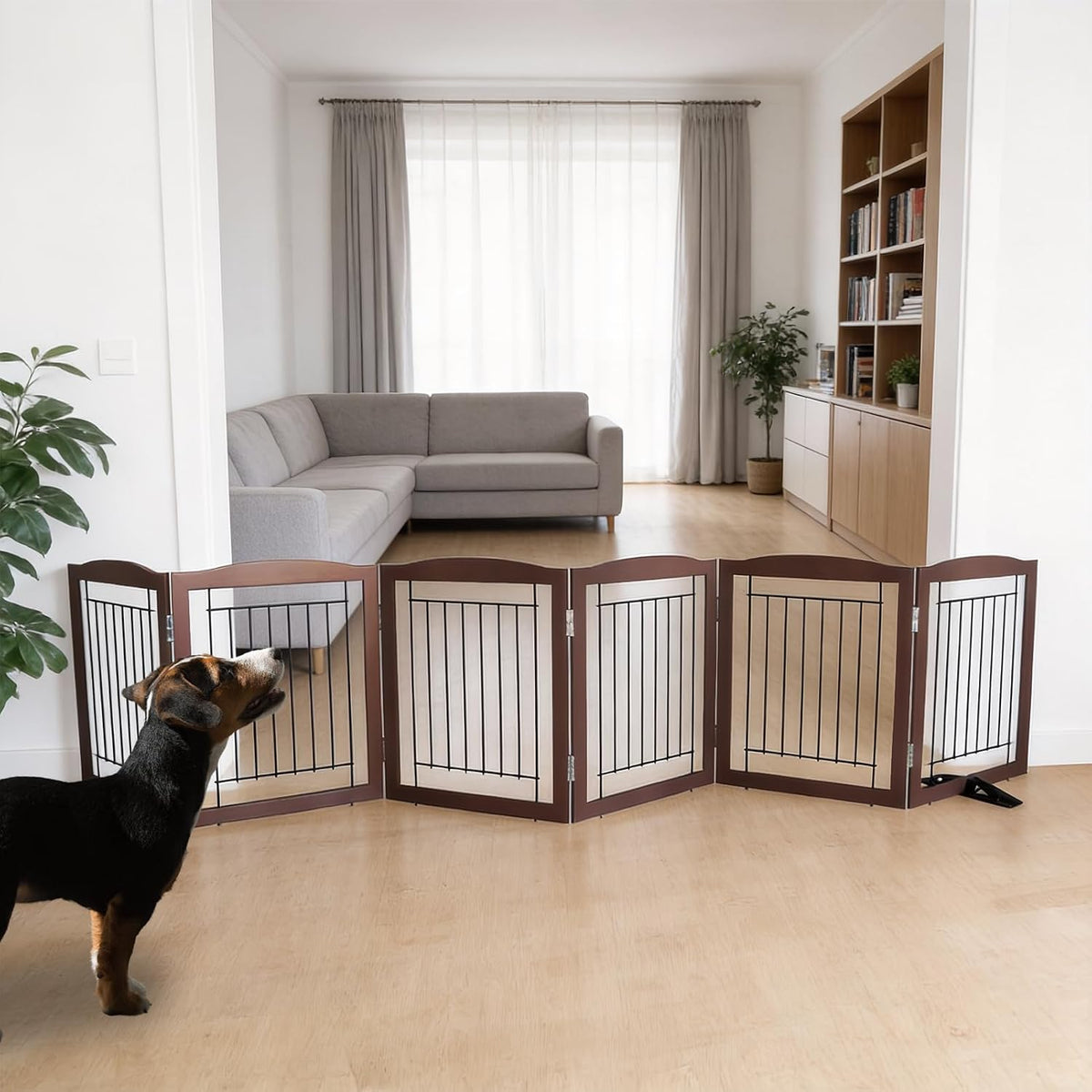 Freestanding Dog Fence Indoor, Foldable Dog Gate for Doorways, Stairs or Hallways, Sturdy Wood Extra Wide Pet Gate with Support Feet for The House, White, 24 "Height-3 Panels