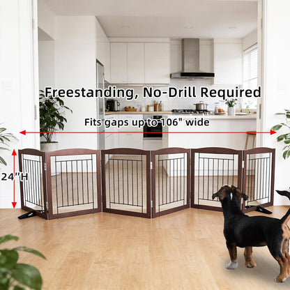 Freestanding Dog Fence Indoor, Foldable Dog Gate for Doorways, Stairs or Hallways, Sturdy Wood Extra Wide Pet Gate with Support Feet for The House, White, 24 "Height-3 Panels