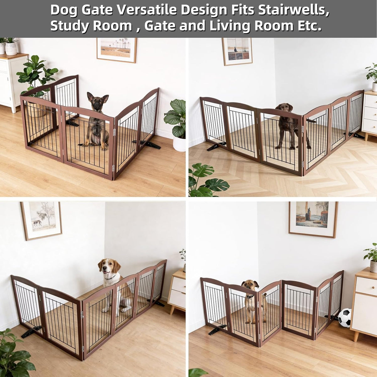 Freestanding Dog Fence Indoor, Foldable Dog Gate for Doorways, Stairs or Hallways, Sturdy Wood Extra Wide Pet Gate with Support Feet for The House, White, 24 "Height-3 Panels