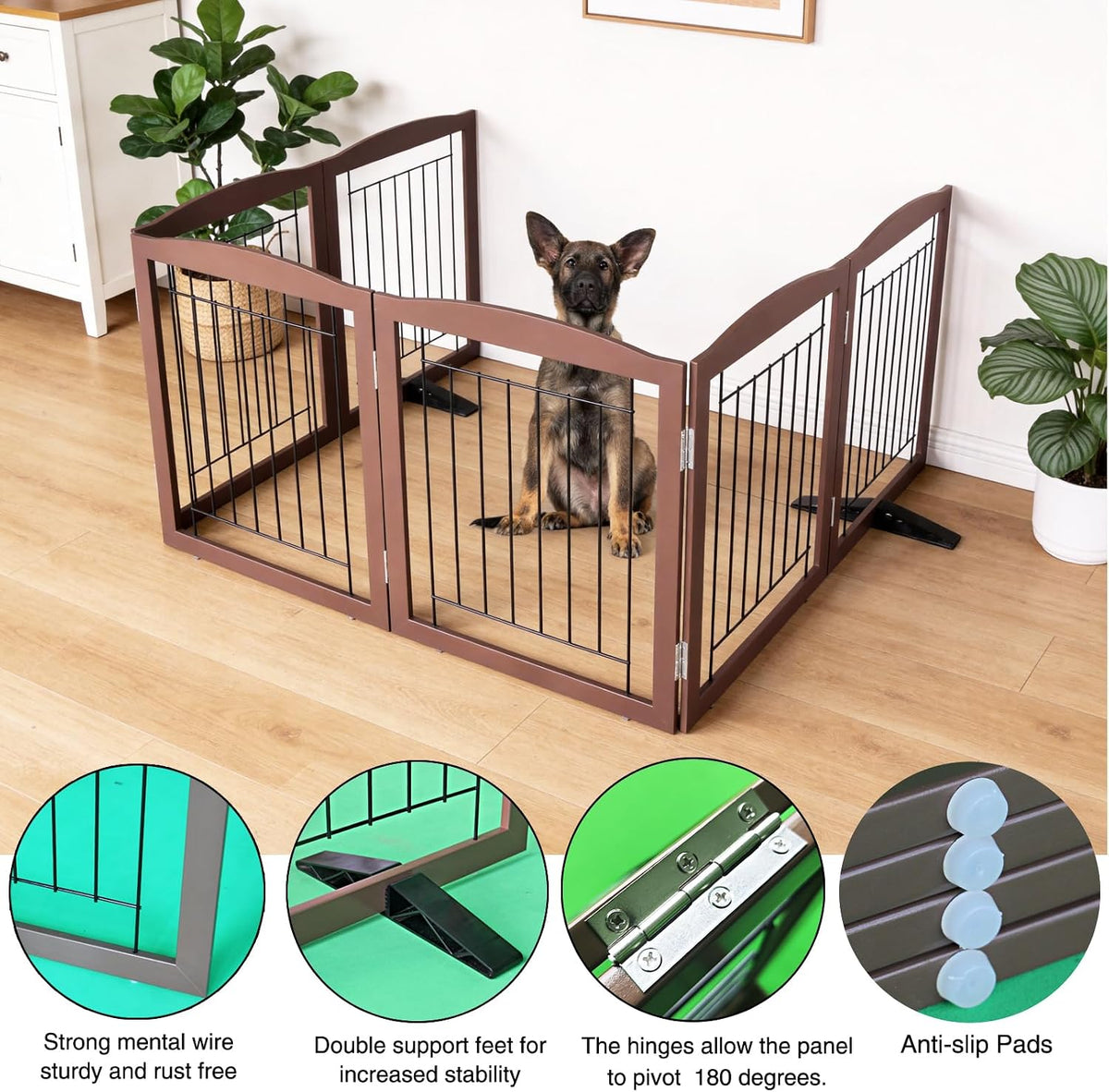 Freestanding Dog Fence Indoor, Foldable Dog Gate for Doorways, Stairs or Hallways, Sturdy Wood Extra Wide Pet Gate with Support Feet for The House, White, 24 "Height-3 Panels