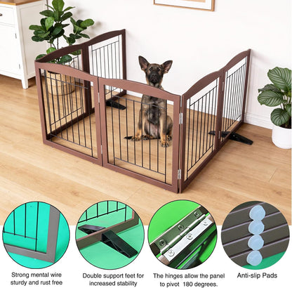 Freestanding Dog Fence Indoor, Foldable Dog Gate for Doorways, Stairs or Hallways, Sturdy Wood Extra Wide Pet Gate with Support Feet for The House, White, 24 "Height-3 Panels