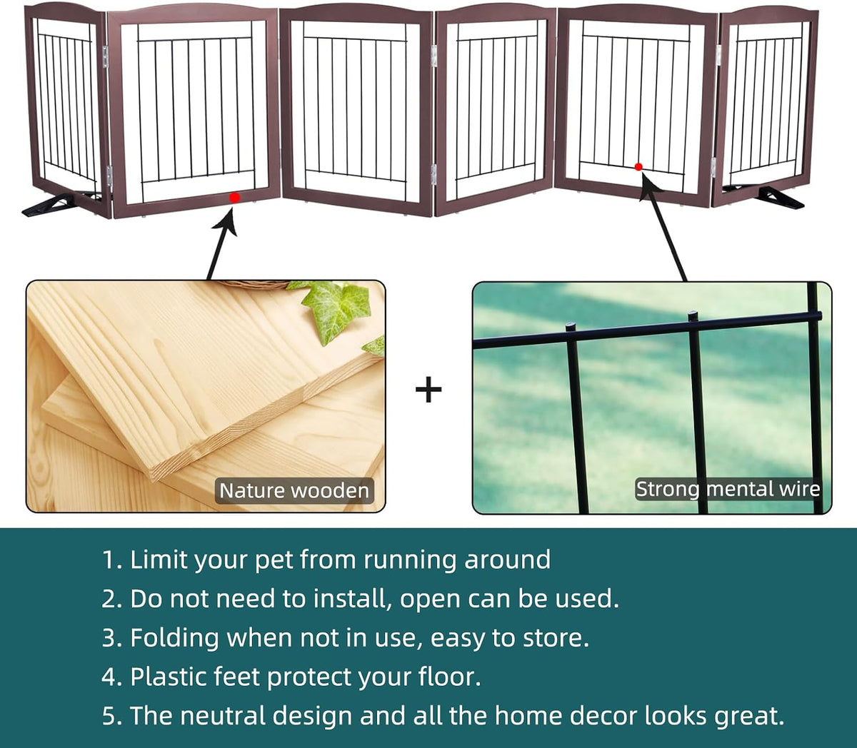 Freestanding Dog Fence Indoor, Foldable Dog Gate for Doorways, Stairs or Hallways, Sturdy Wood Extra Wide Pet Gate with Support Feet for The House, White, 24 "Height-3 Panels