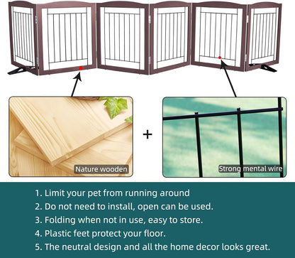 Freestanding Dog Fence Indoor, Foldable Dog Gate for Doorways, Stairs or Hallways, Sturdy Wood Extra Wide Pet Gate with Support Feet for The House, White, 24 "Height-3 Panels