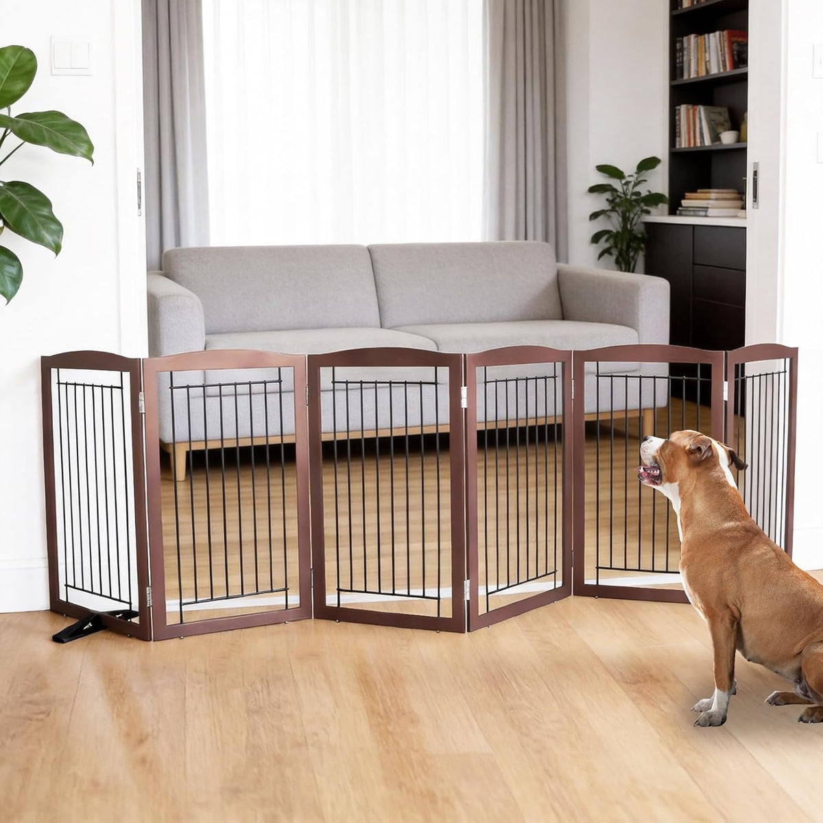 Freestanding Dog Fence Indoor, Foldable Dog Gate for Doorways, Stairs or Hallways, Sturdy Wood Extra Wide Pet Gate with Support Feet for The House, White, 24 "Height-3 Panels