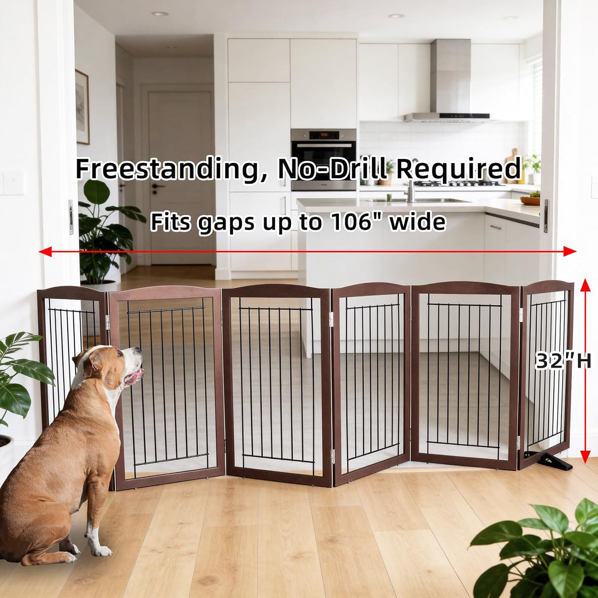 Freestanding Dog Fence Indoor, Foldable Dog Gate for Doorways, Stairs or Hallways, Sturdy Wood Extra Wide Pet Gate with Support Feet for The House, White, 24 "Height-3 Panels