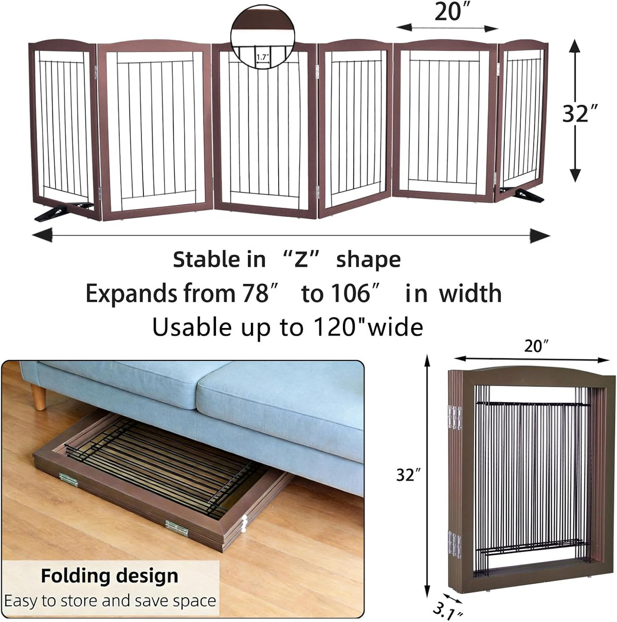 Freestanding Dog Fence Indoor, Foldable Dog Gate for Doorways, Stairs or Hallways, Sturdy Wood Extra Wide Pet Gate with Support Feet for The House, White, 24 "Height-3 Panels