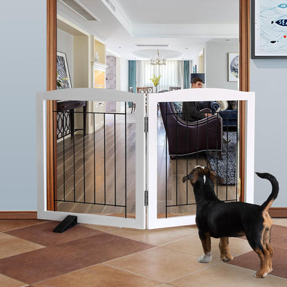 Freestanding Dog Fence Indoor, Foldable Dog Gate for Doorways, Stairs or Hallways, Sturdy Wood Extra Wide Pet Gate with Support Feet for The House, White, 24 "Height-3 Panels