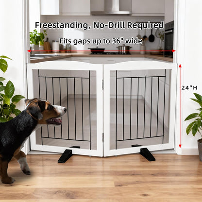 Freestanding Dog Fence Indoor, Foldable Dog Gate for Doorways, Stairs or Hallways, Sturdy Wood Extra Wide Pet Gate with Support Feet for The House, White, 24 "Height-3 Panels