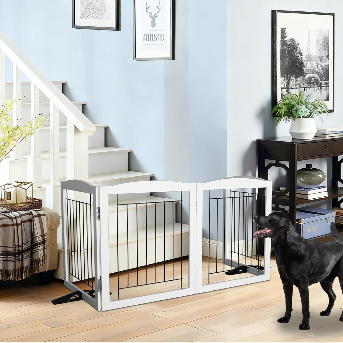 Freestanding Dog Fence Indoor, Foldable Dog Gate for Doorways, Stairs or Hallways, Sturdy Wood Extra Wide Pet Gate with Support Feet for The House, White, 24 "Height-3 Panels