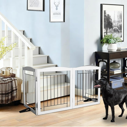 Freestanding Dog Fence Indoor, Foldable Dog Gate for Doorways, Stairs or Hallways, Sturdy Wood Extra Wide Pet Gate with Support Feet for The House, White, 24 "Height-3 Panels