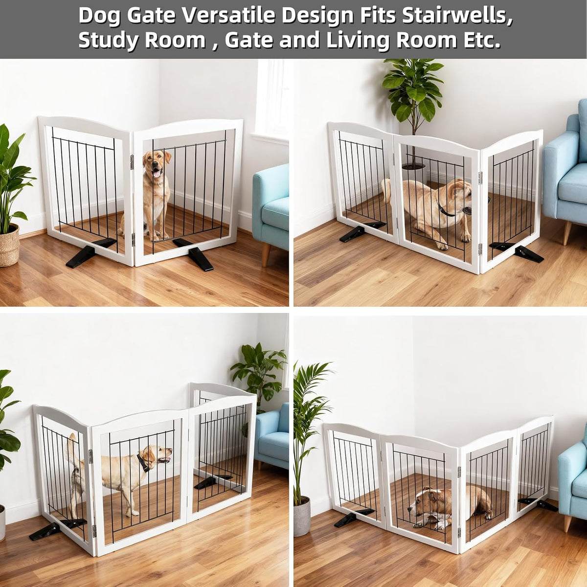 Freestanding Dog Fence Indoor, Foldable Dog Gate for Doorways, Stairs or Hallways, Sturdy Wood Extra Wide Pet Gate with Support Feet for The House, White, 24 "Height-3 Panels