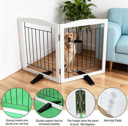 Freestanding Dog Fence Indoor, Foldable Dog Gate for Doorways, Stairs or Hallways, Sturdy Wood Extra Wide Pet Gate with Support Feet for The House, White, 24 "Height-3 Panels