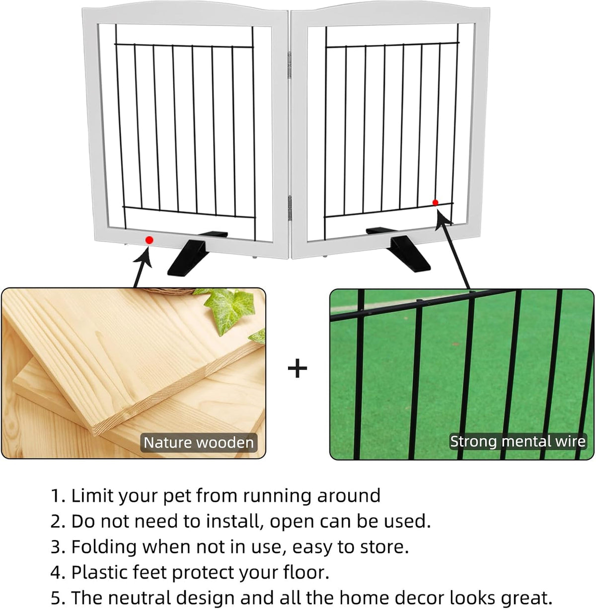Freestanding Dog Fence Indoor, Foldable Dog Gate for Doorways, Stairs or Hallways, Sturdy Wood Extra Wide Pet Gate with Support Feet for The House, White, 24 "Height-3 Panels