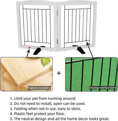 Freestanding Dog Fence Indoor, Foldable Dog Gate for Doorways, Stairs or Hallways, Sturdy Wood Extra Wide Pet Gate with Support Feet for The House, White, 24 "Height-3 Panels